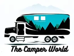 Logo with green and black colors . A amper on a truck with mountains and the camper world text