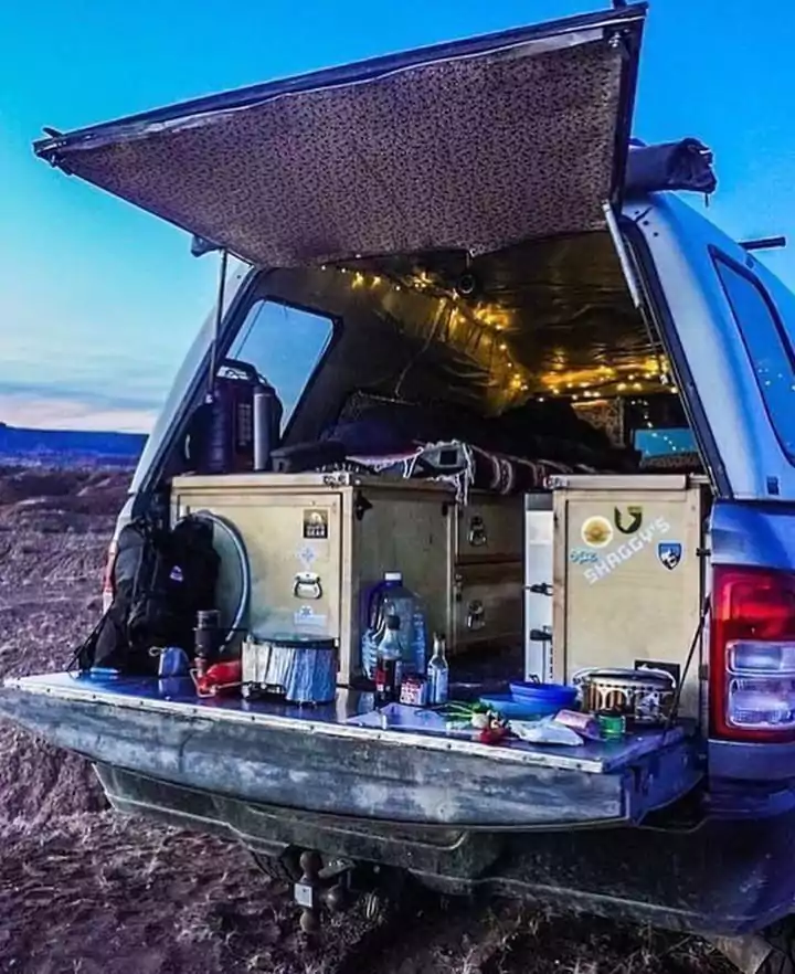 Truck camping with complete gear and equipments