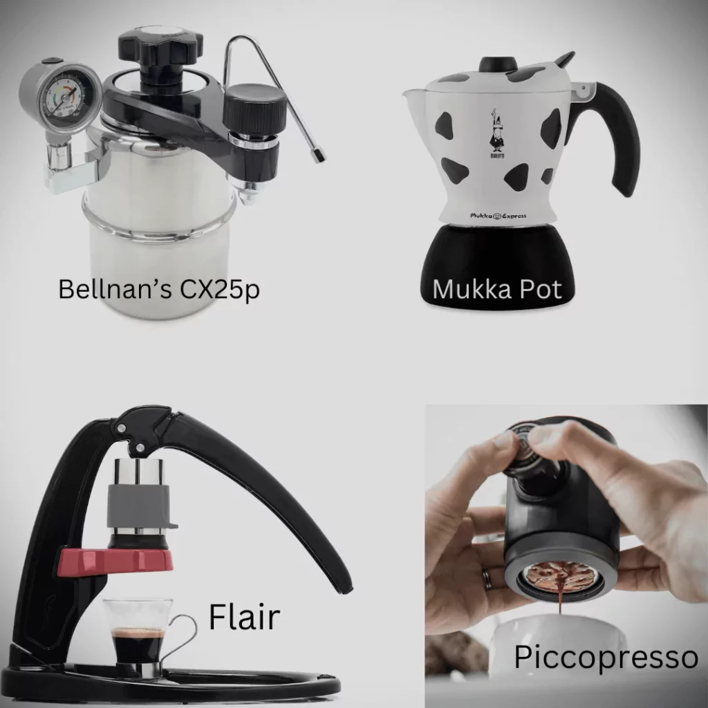 Expresso machines for camping coffee. bellnan's CX25p, Mukka pot, Flair, Piccopresso
