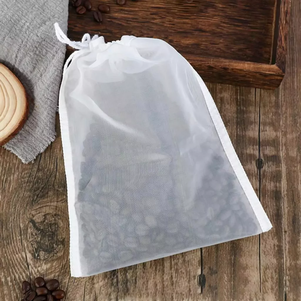 Coffee beans inside a DIY coffee filter bag