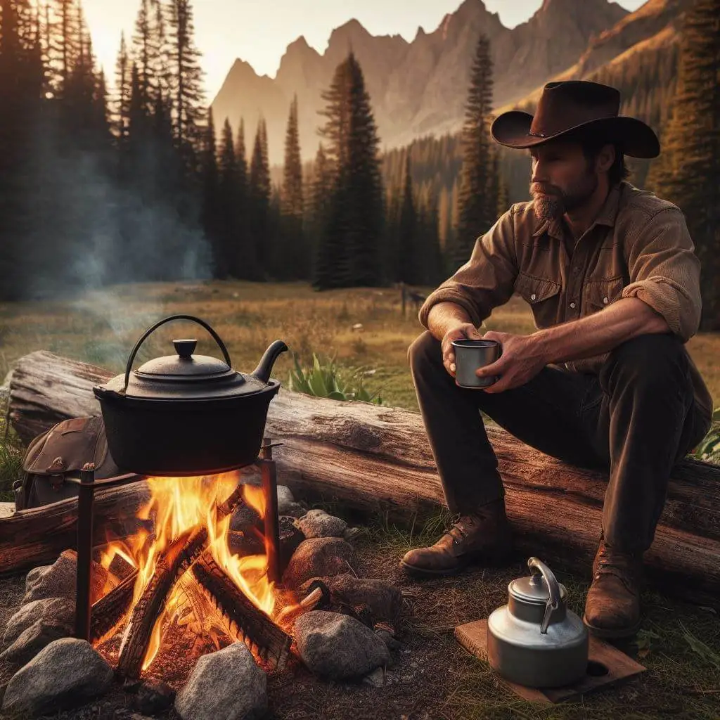 Cowboy making cowboy coffee in wild with cattle on campfire