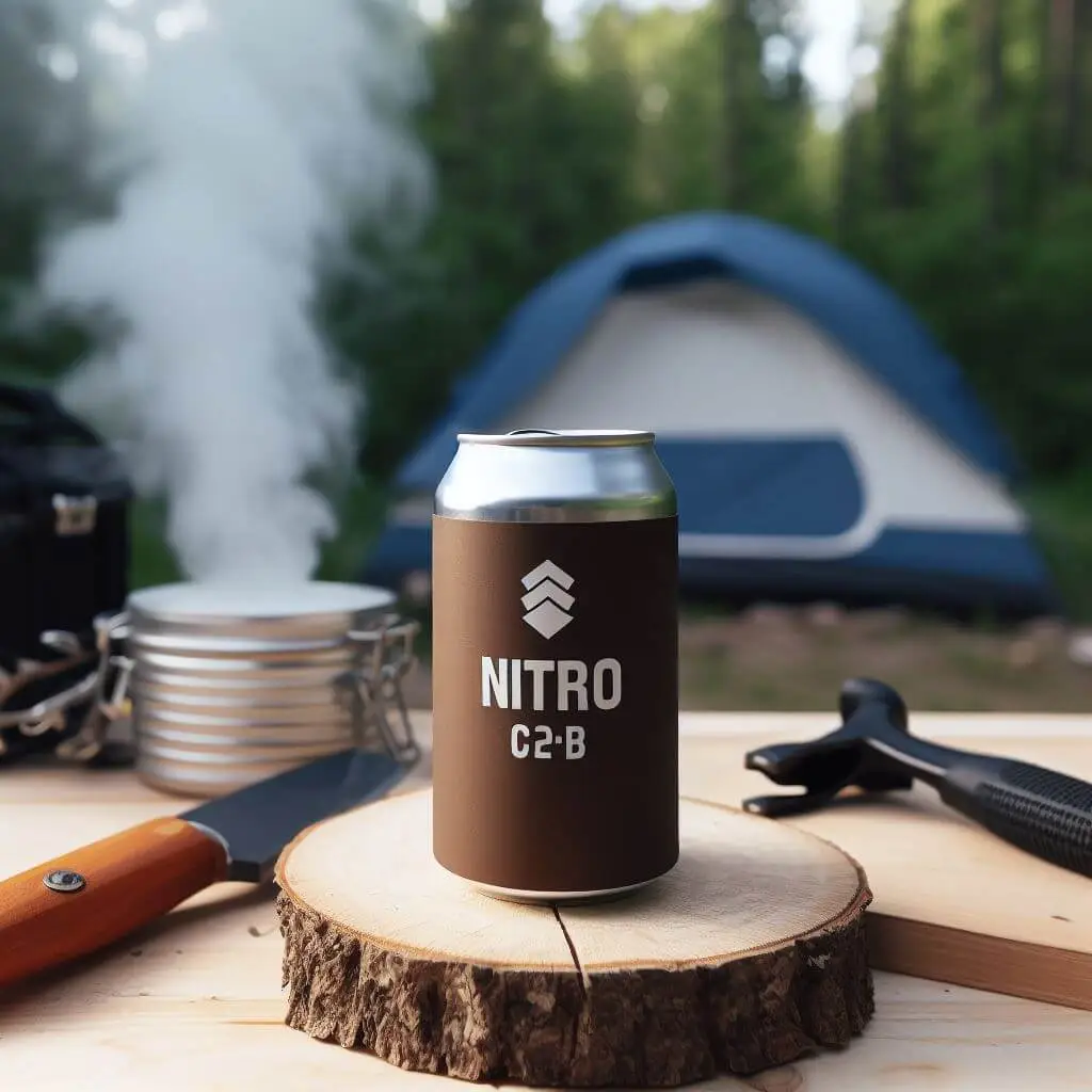 Nitro cold brew can for at a campsite