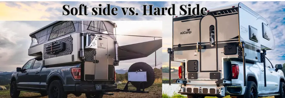 Hard side truck camper and soft side truck camper both on a camping trip