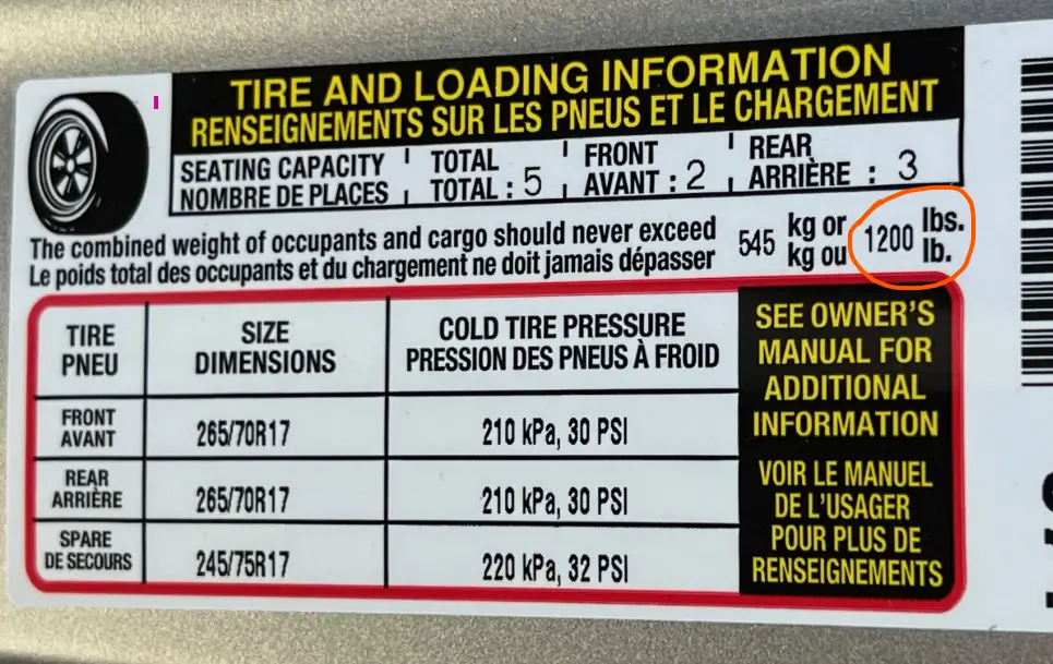Payload from truck door sticker for Truck Camper Compatibility Checker