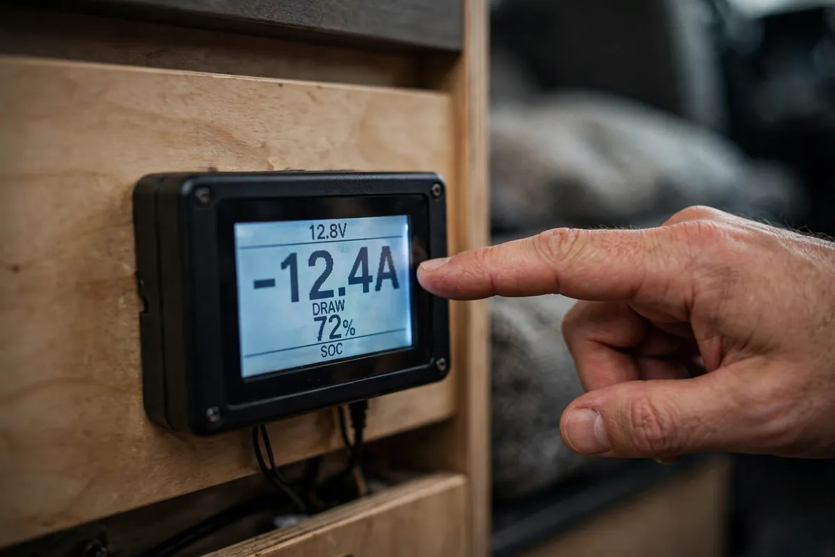 Battery monitor display inside a truck camper showing live amp draw from a 12V compressor fridge