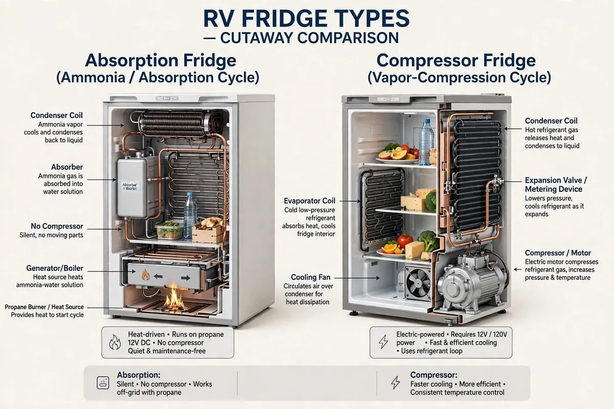 Cutaway comparison diagram of absorption fridge ammonia cycle versus 12V compressor fridge vapor-compression cycle