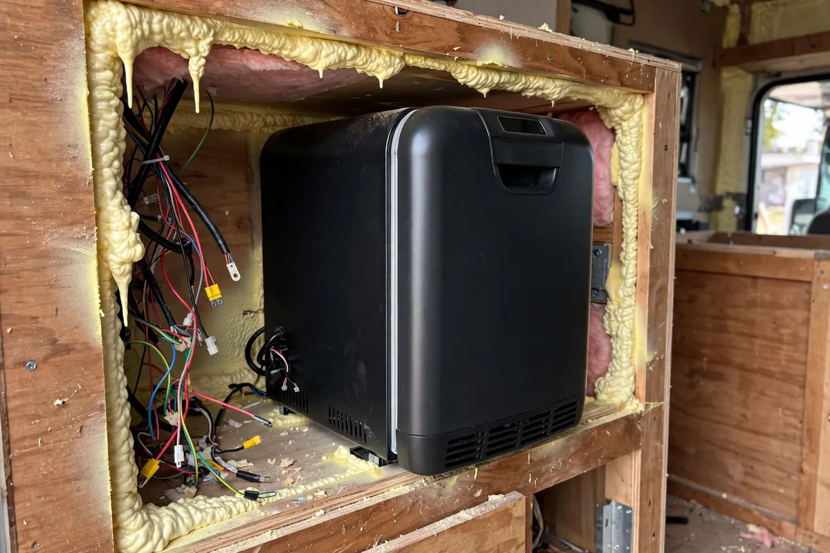 New 12V compressor fridge halfway slid into a truck camper cabinet opening during installation with wiring and insulation visible