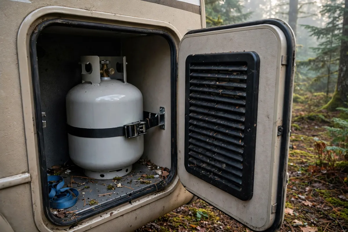 20-pound propane cylinder secured in a truck camper exterior compartment next to the fridge vent