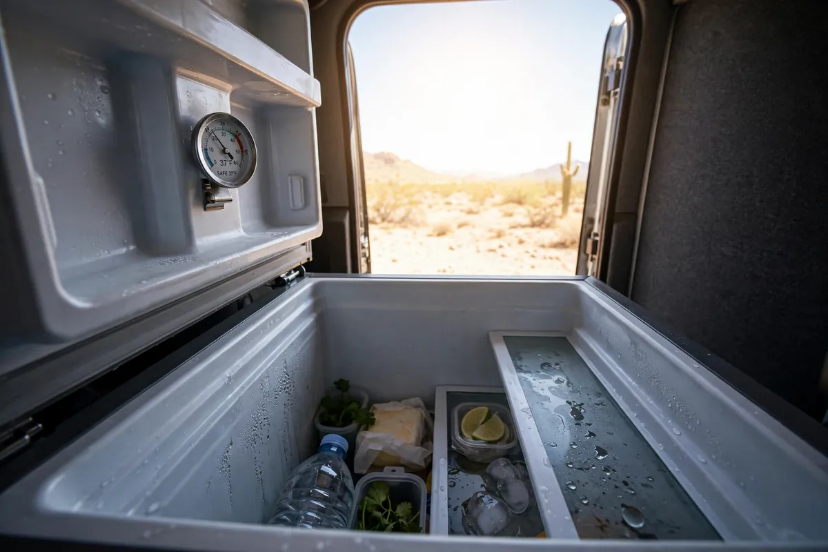 Thermometer inside a 12V compressor fridge reading 37 degrees Fahrenheit while desert sun streams through the open camper door