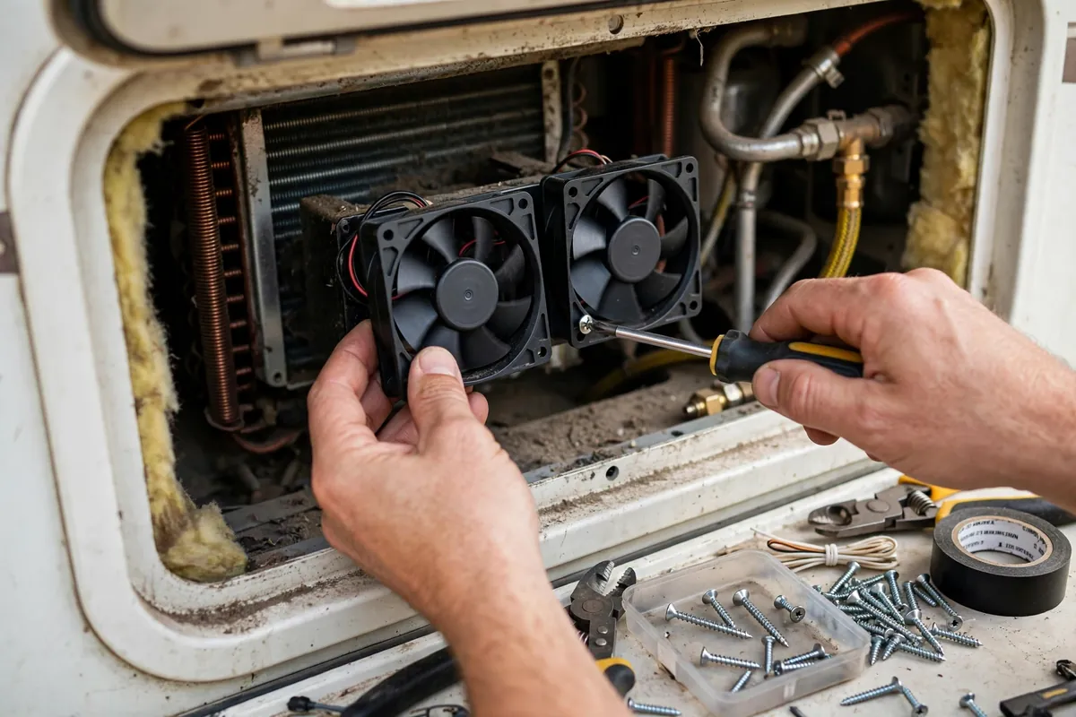 Hands installing small 12V ventilation fans in the exterior vent cavity behind an RV absorption fridge