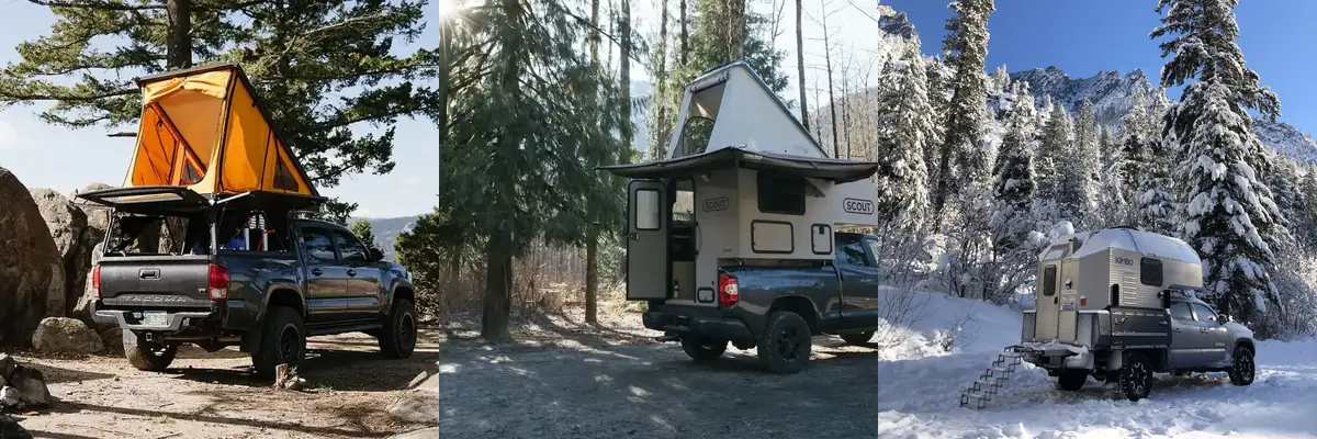 Best Lightweight Truck Campers (2026): 15 Picks That Won't Overload Your Truck 6 Side-by-side photo collage of wedge, pop-up slide-in and hard-side truck campers
