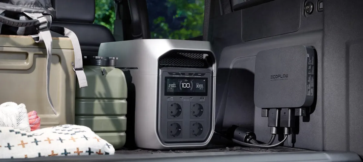 EcoFlow power station with 800W DC alternator charger installed inside a vehicle