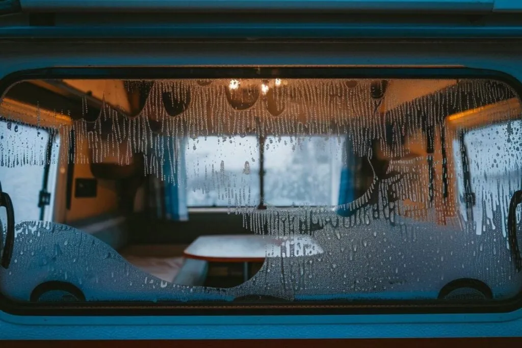 Best Truck Camper for Full-Time Living in 2026: 7 Rigs Compared 6 Frosty camper window covered in condensation droplets with warm interior light glowing behind
