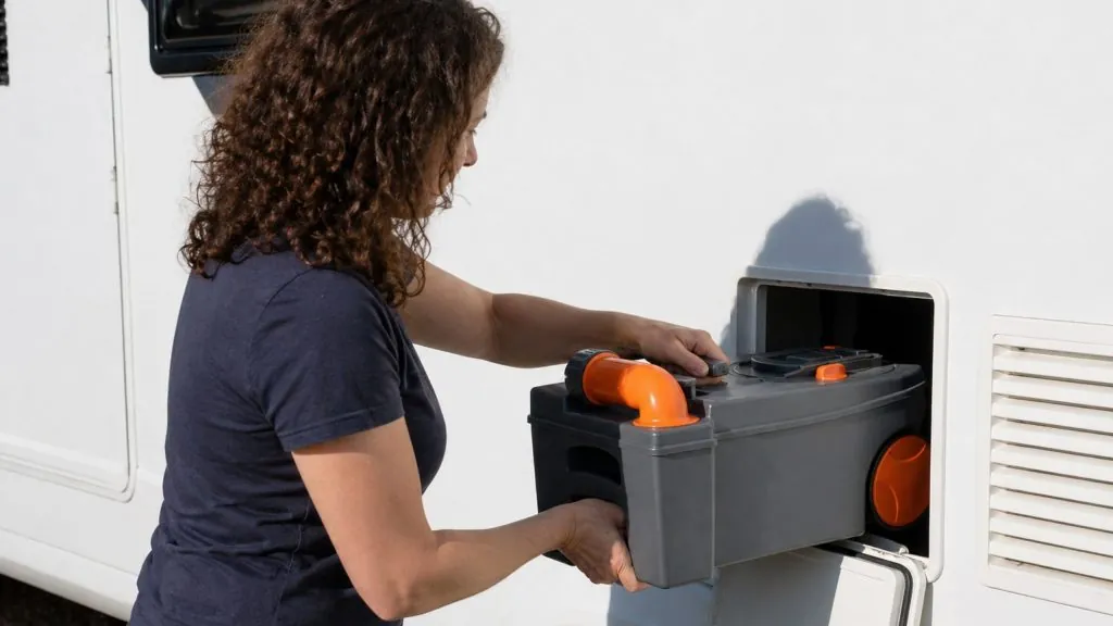 Woman pulling a wheeled Thetford waste cassette out of an RV exterior service hatch