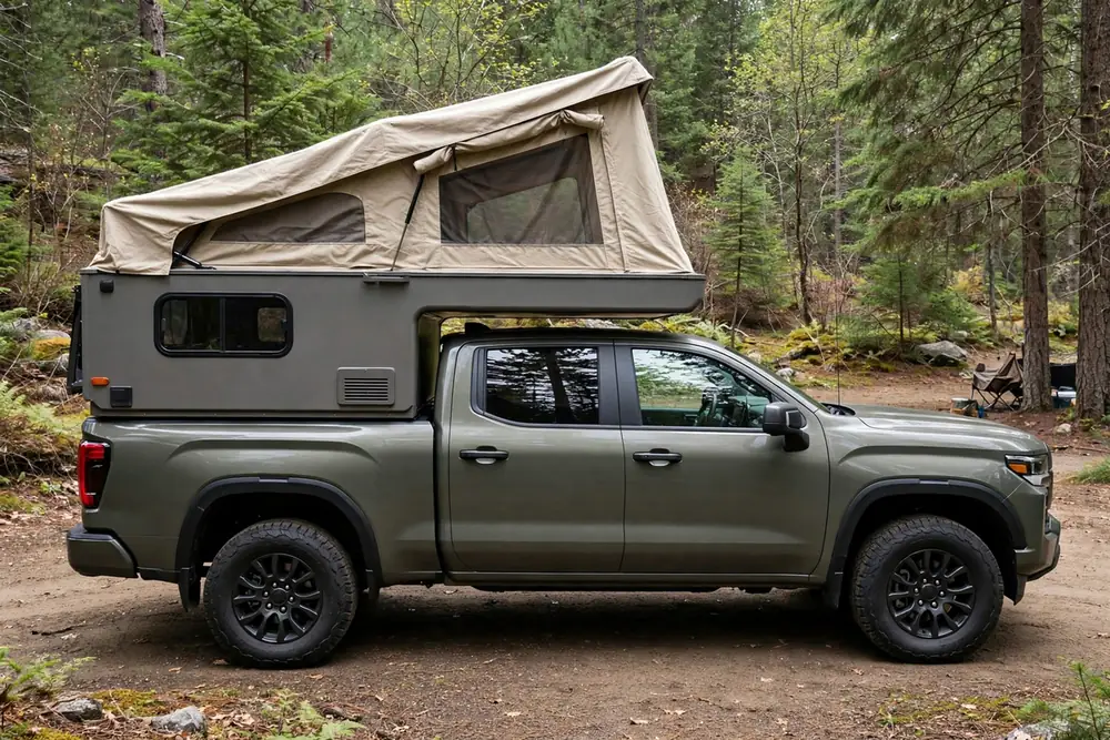 Best Truck Camper for Toyota Tacoma: What Actually Fits Without Overloading It 3 Four Wheel Camper Fleet pop-up slide-in camper loaded on a Toyota Tacoma at a campsite