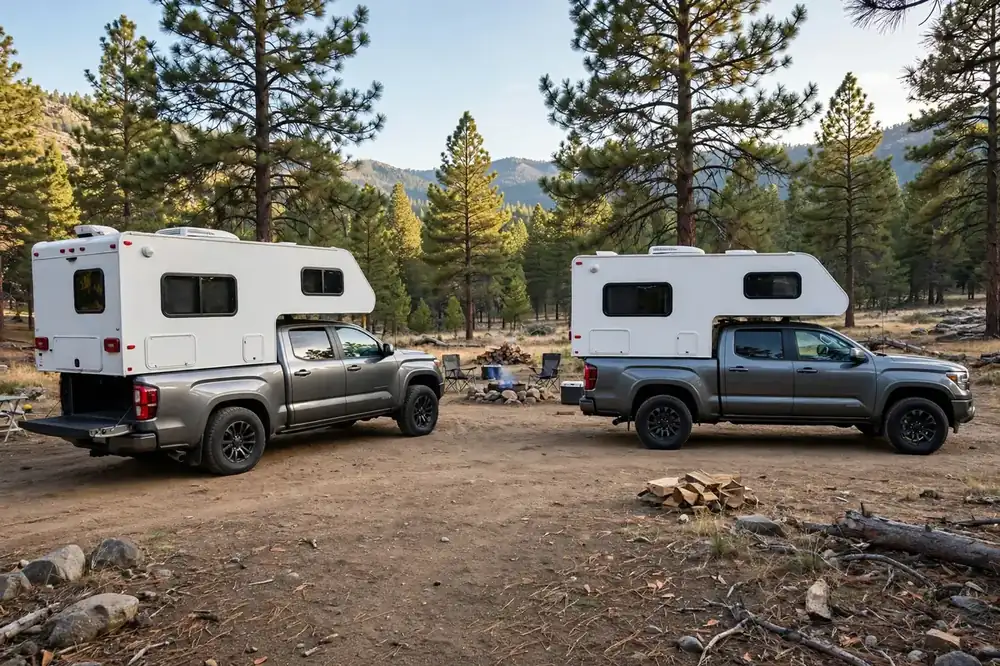 Best Truck Camper for Toyota Tacoma: What Actually Fits Without Overloading It 7 Side-by-side comparison of an overloaded sagging Toyota Tacoma camper rig versus the same rig sitting level