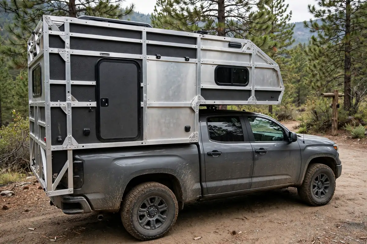 Best Truck Camper for Toyota Tacoma: What Actually Fits Without Overloading It 4 Scout Yoho hardwall truck camper with aluminum exoskeleton on a Toyota Tacoma at a trailhead