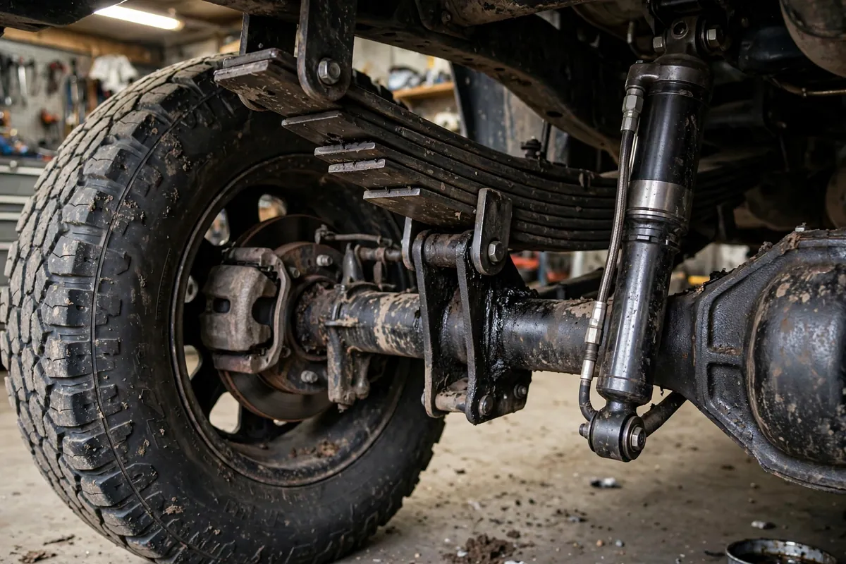 Best Truck Camper for Toyota Tacoma: What Actually Fits Without Overloading It 6 Heavy-duty rear leaf spring pack and upgraded shock absorber on a Toyota Tacoma rear axle in a workshop