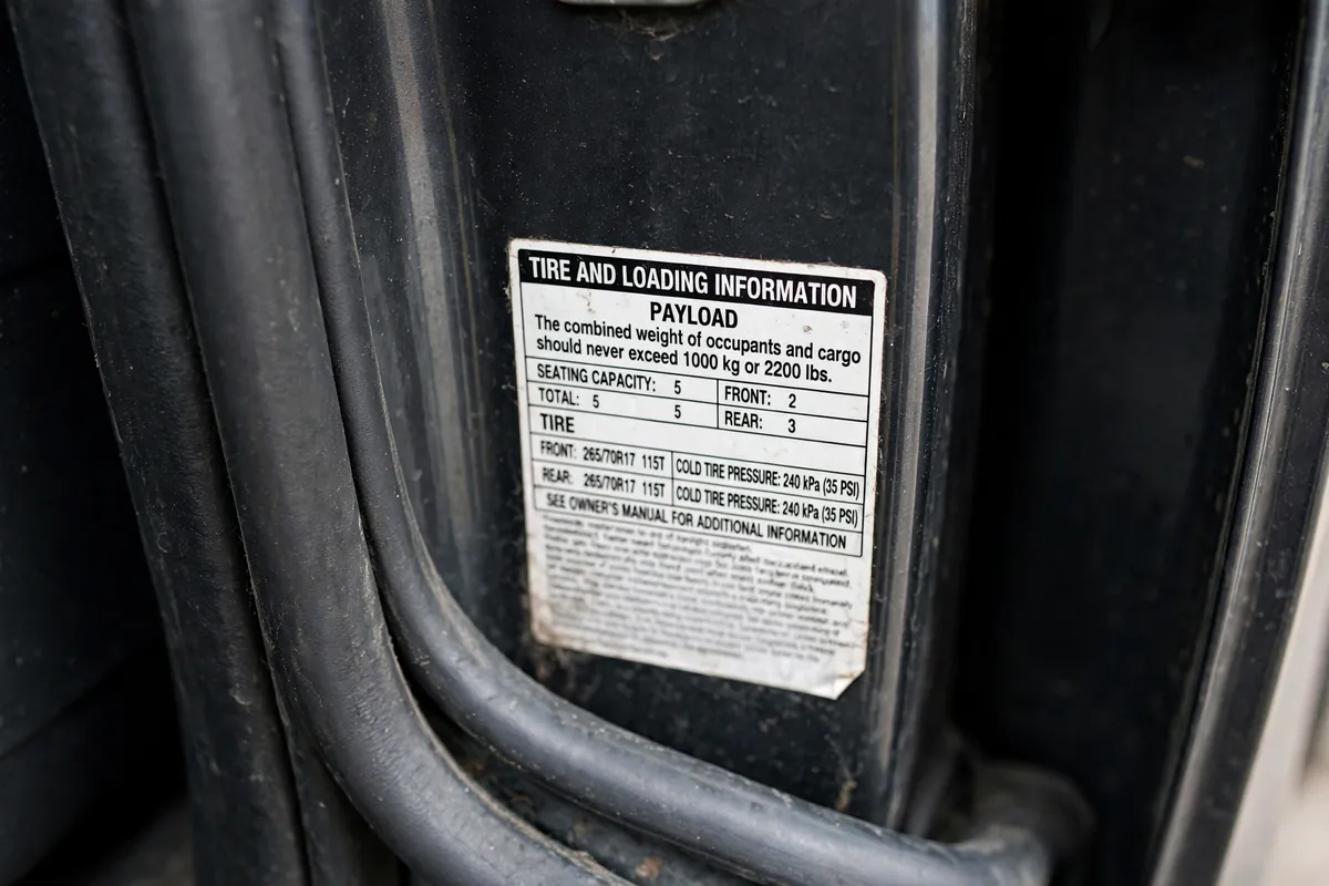 Best Truck Camper for Toyota Tacoma: What Actually Fits Without Overloading It 2 Close-up of a Toyota Tacoma driver-door jamb Tire and Loading Information payload sticker