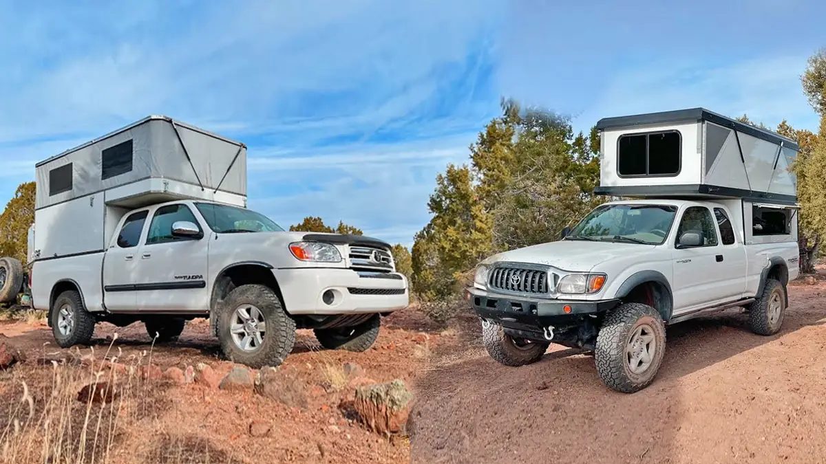 Budget Truck Campers Under $15,000: What I Found in 2026 2 Side-by-side comparison of a soft-side pop-up truck camper and a hard-wall pop-top truck camper on pickup trucks