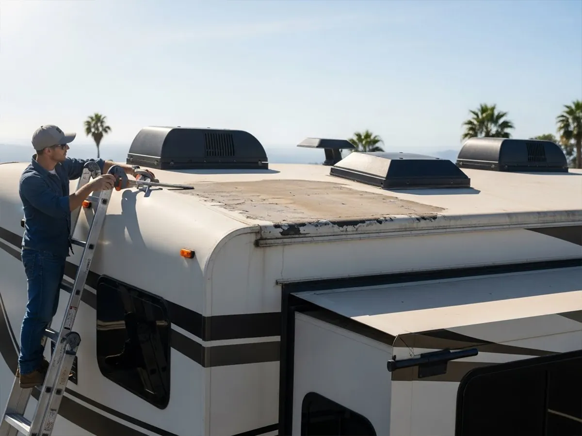 Budget Truck Campers Under $15,000: What I Found in 2026 4 Man on a ladder inspecting and resealing the roof seams of a camper with a caulk gun