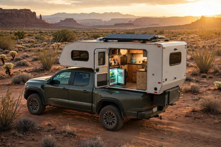 Truck camper boondocking at golden hour in the desert Southwest with 12V compressor fridge glowing in the galley and solar panel on the roof