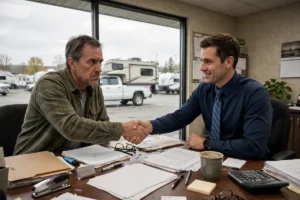 Wary buyer shaking hands with a truck camper salesman across a desk at a dealership