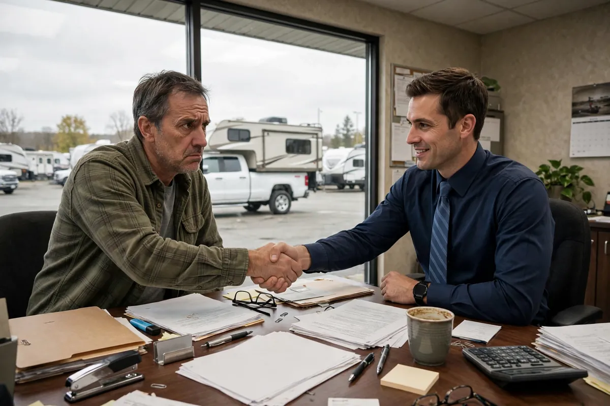 Buying Truck Camper Dealer Tips: Red Flags That Keep You From Getting Ripped Off 1 Wary buyer shaking hands with a truck camper salesman across a desk at a dealership