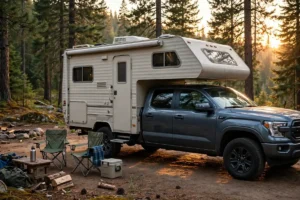 Owner performing annual truck camper maintenance: roof seal inspection