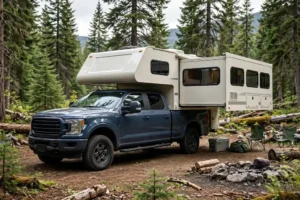 Truck Camper Slide-Out Problems: The Honest Reliability Guide 4 Truck camper with slide-out extended at a forest campsite, three-quarter front view