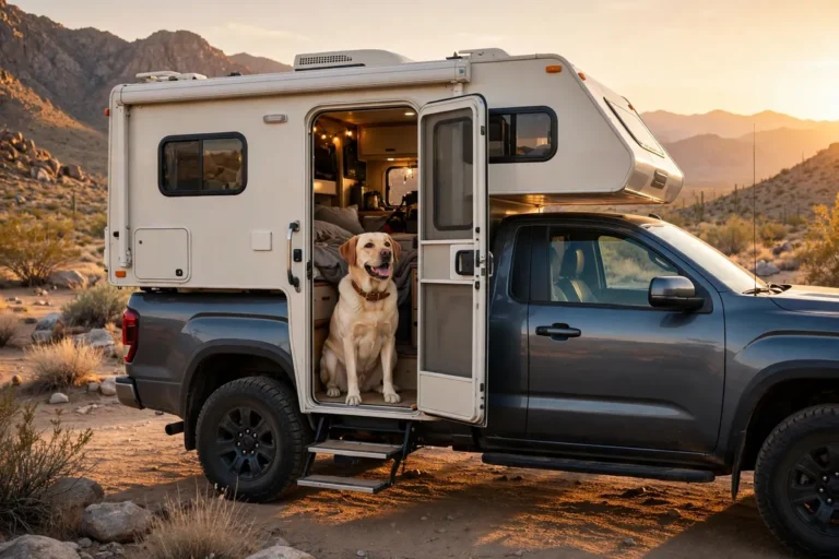Happy Labrador sitting in the doorway of a truck camper at a desert campsite at golden hour