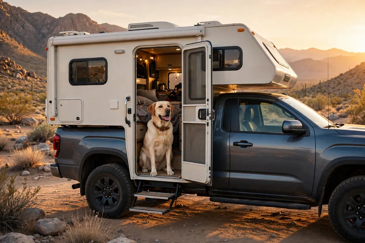Happy Labrador sitting in the doorway of a truck camper at a desert campsite at golden hour