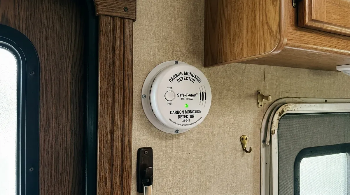 Can You Ride in a Truck Camper? The 2026 State-by-State Guide 6 Carbon monoxide detector mounted inside a truck camper