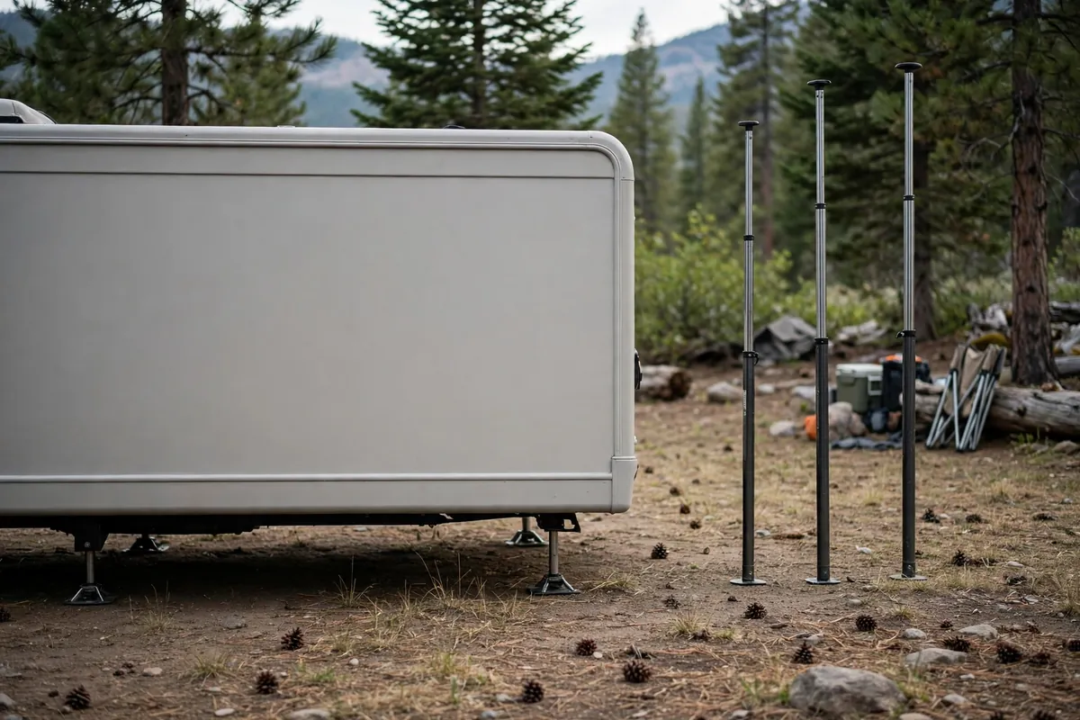 Can You Use a Truck Camper Off the Truck? 4 Truck camper lowered close to the ground beside tall extended jacks