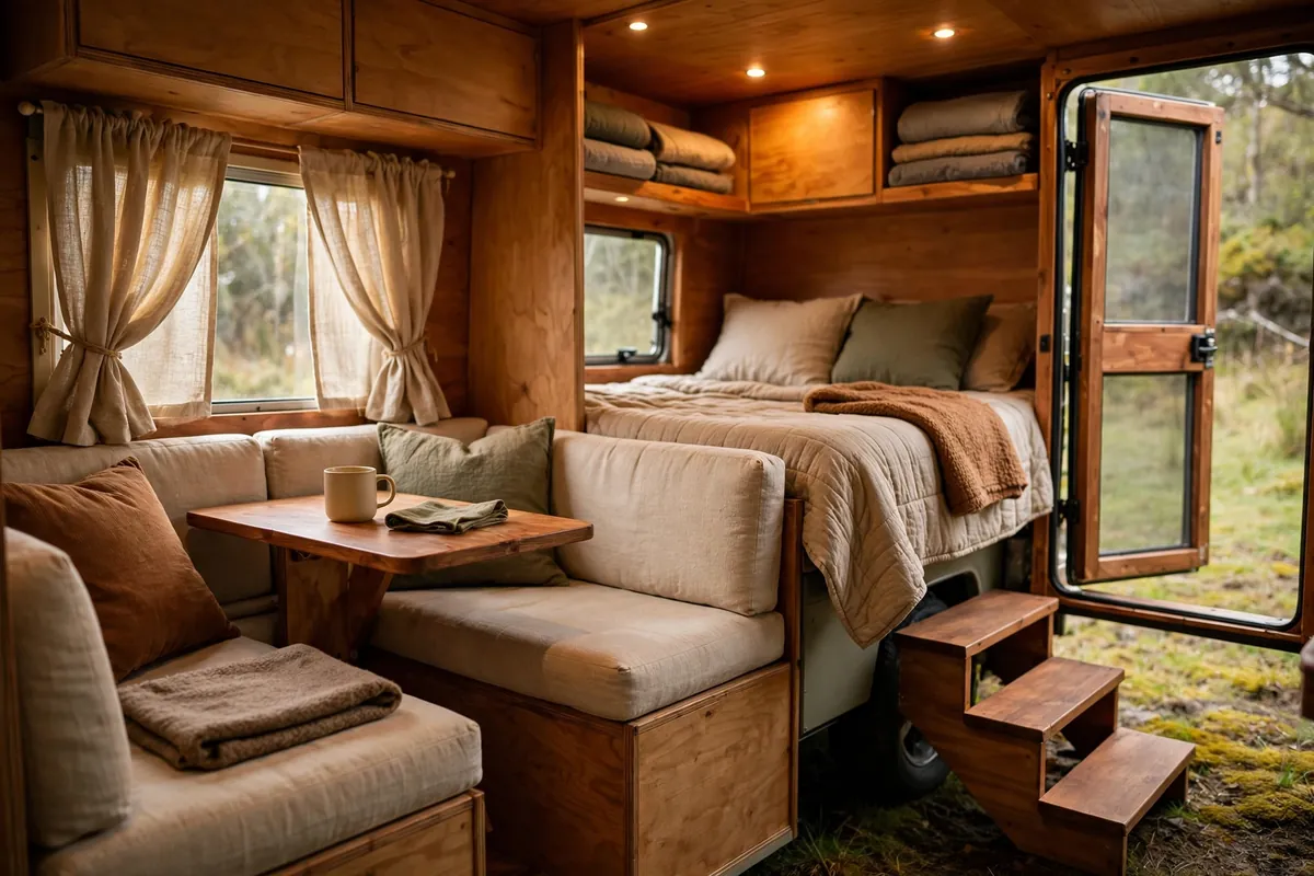 Can You Use a Truck Camper Off the Truck? 5 Cozy truck camper interior with dinette and bed and steps down to the ground