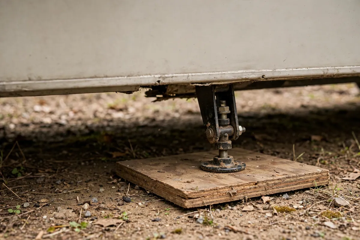 Can You Use a Truck Camper Off the Truck? 2 Truck camper floor edge and corner jack foot standing on a plywood pad