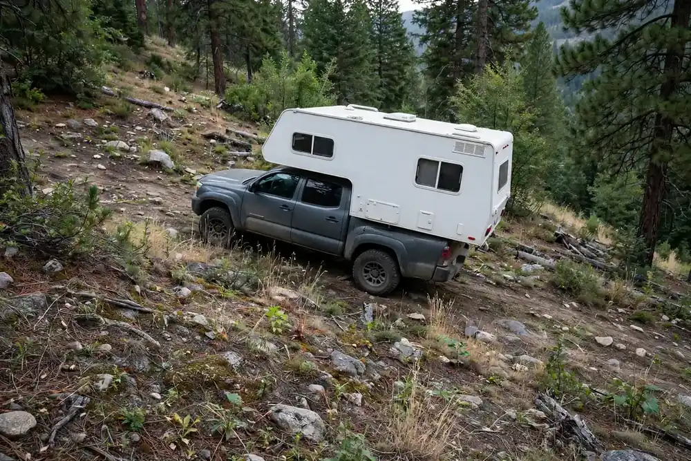 Can You Use a Truck Camper Off the Truck? 6 Truck camper still mounted on its pickup at a sloped uneven dispersed site
