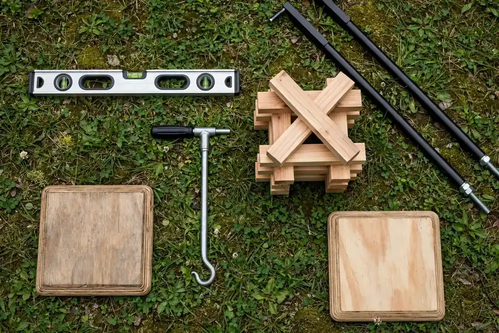 Can You Use a Truck Camper Off the Truck? 7 Flat lay of off-truck camper kit with plywood jack pads, level, crank handle, cribbing, and sway braces