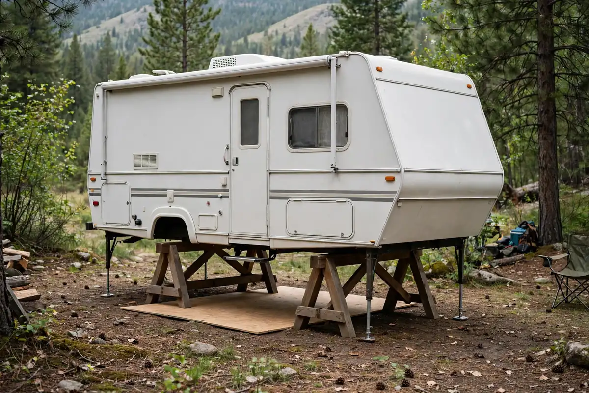 Can You Use a Truck Camper Off the Truck? 3 Truck camper lowered onto wooden sawhorses with plywood under the floor