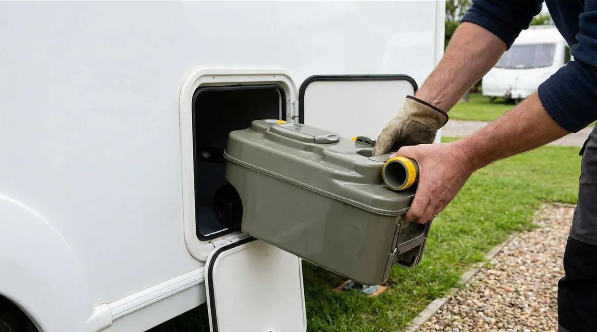 Cassette Toilets for Truck Camper Boondocking: The Complete Honest Guide 2 Hands in gloves sliding a grey Thetford-style cassette toilet tank out of a camper's exterior service door