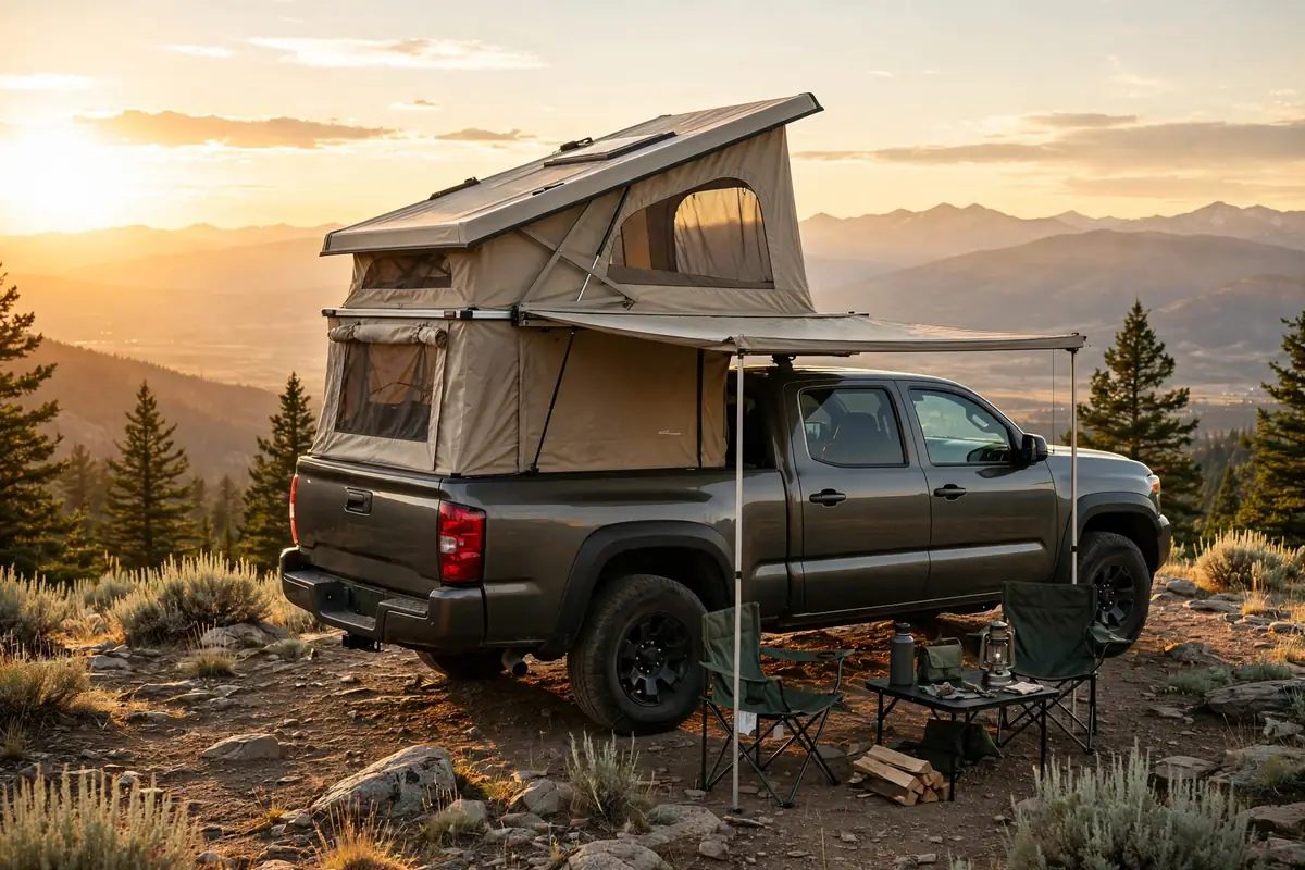 F150 Truck Camper Guide: Real Payload Math for Your F-150 5 Pop-up truck camper on a pickup with roof raised at a mountain overlook camp setup