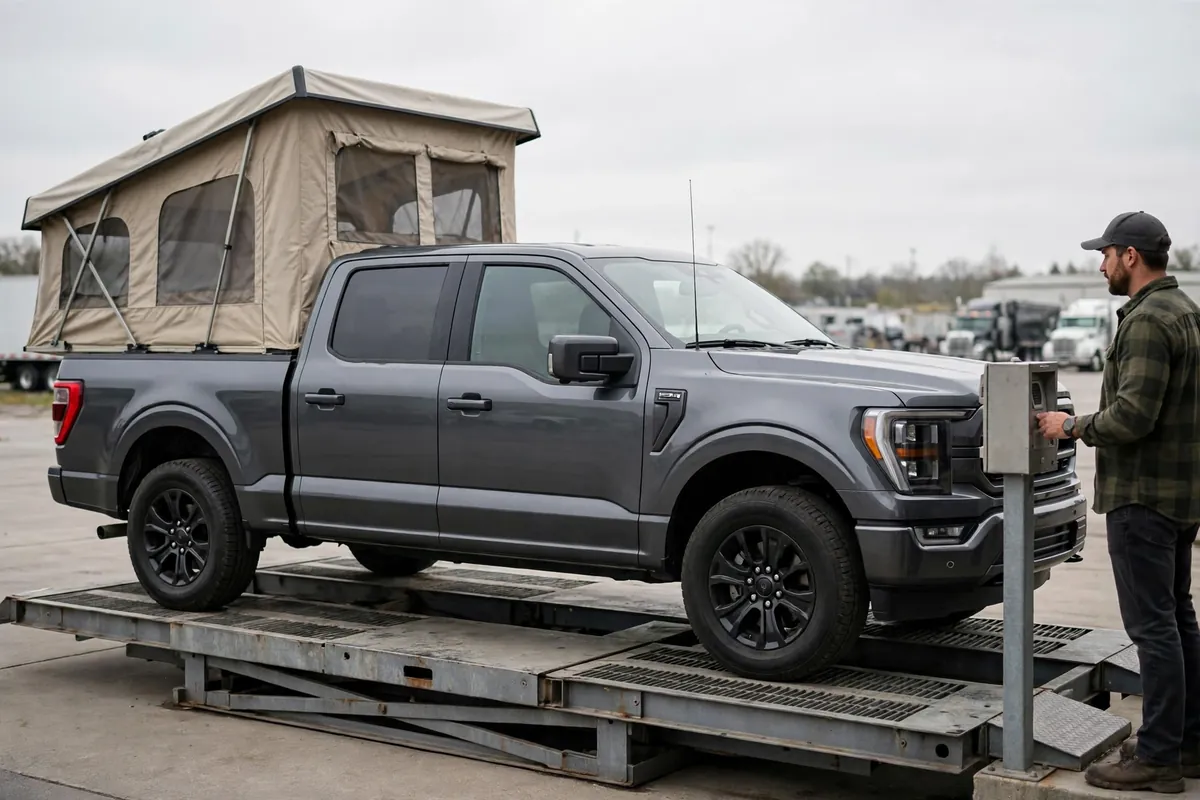 F150 Truck Camper Guide: Real Payload Math for Your F-150 4 Pickup with pop-up camper on a certified CAT scale platform at a truck stop weigh station