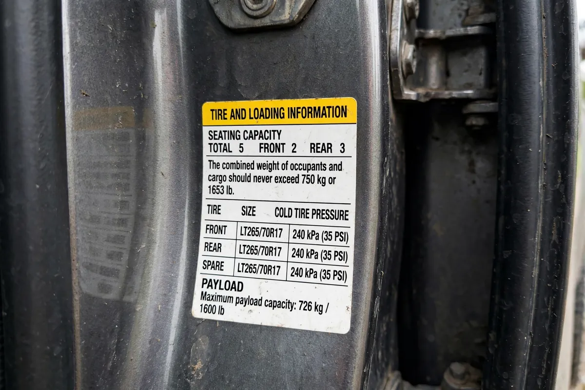 F150 Truck Camper Guide: Real Payload Math for Your F-150 2 Close-up of a pickup door-jamb tire and loading sticker showing real payload capacity figures
