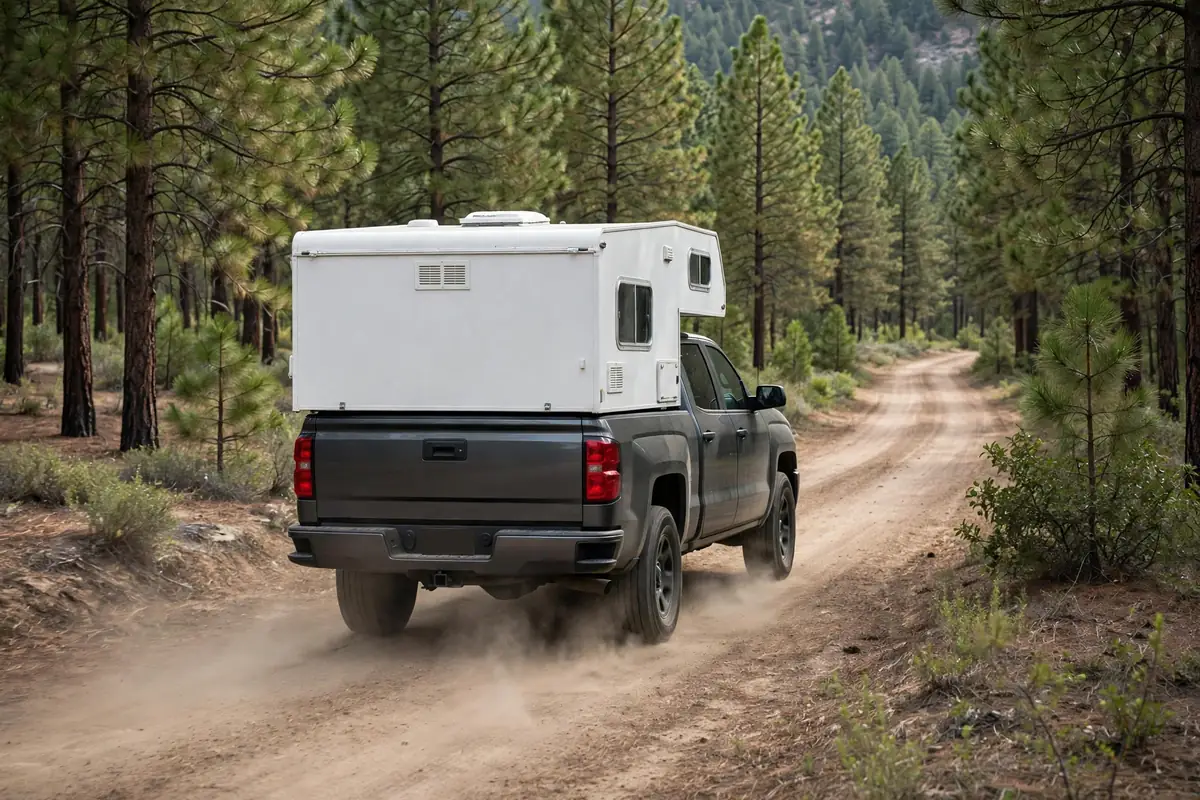 F150 Truck Camper Guide: Real Payload Math for Your F-150 7 Pickup with lightweight hard-wall truck camper driving a pine forest dirt road with dust trail