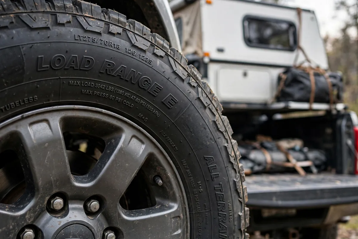 F150 Truck Camper Guide: Real Payload Math for Your F-150 6 Close-up of an LT E-rated all-terrain tire sidewall load range markings on a camper-loaded pickup