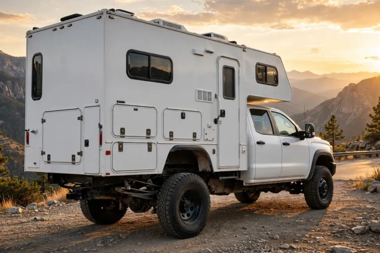 Airbags vs Timbren vs SumoSprings for Truck Campers: What Owners Actually Run 12 Heavy-duty truck with hard-side truck camper at a mountain overlook at golden hour, rear three-quarter view showing the rear suspension for the airbags vs Timbren truck camper debate