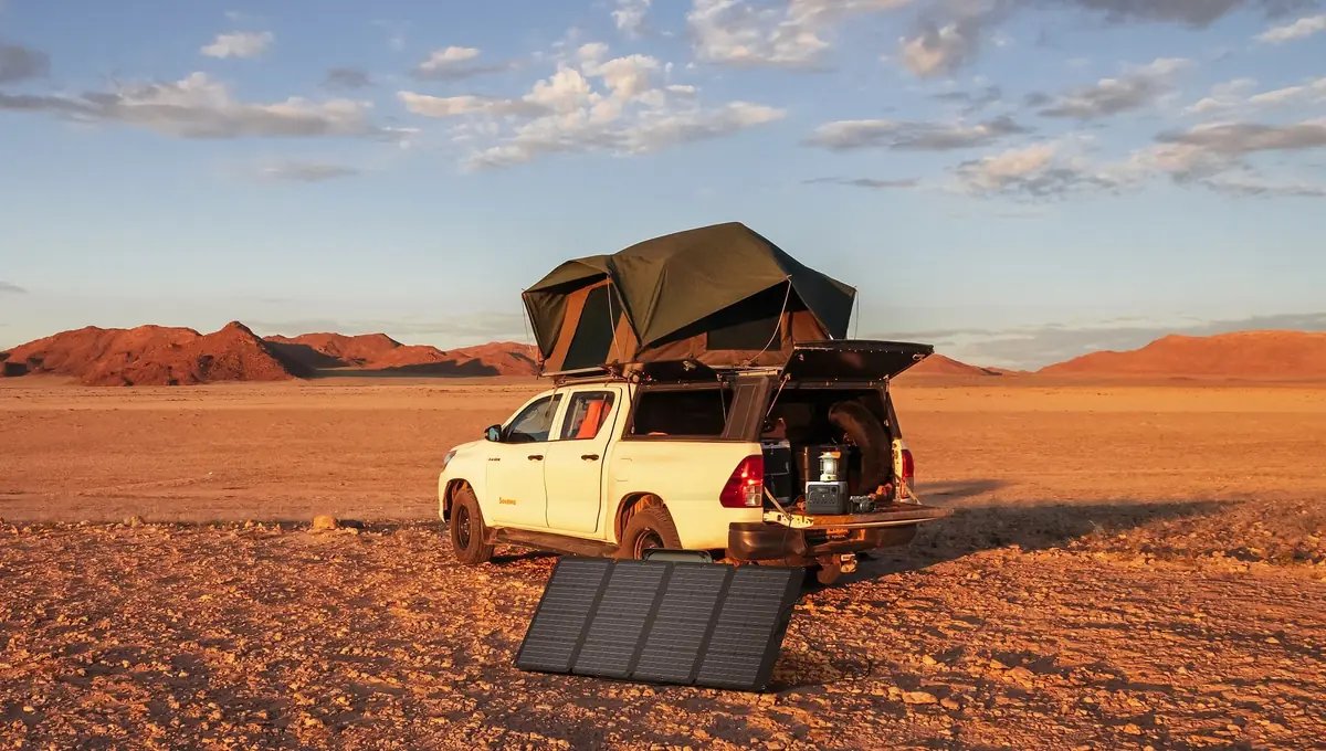 Portable power station on a pickup tailgate with rooftop tent and solar panel at a campsite