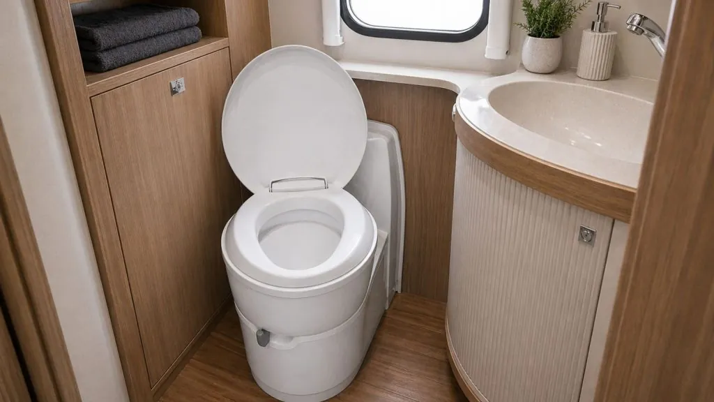 Camper bathroom interior with a modern Thetford cassette toilet installed beside a small vanity