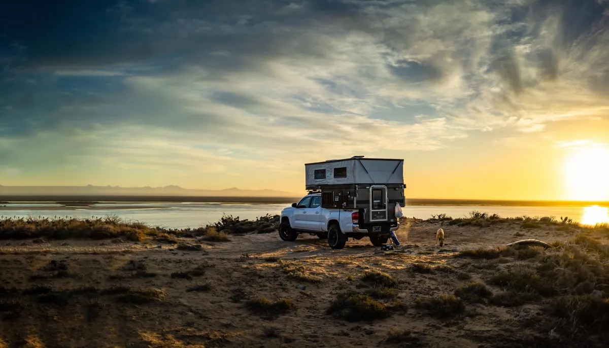 Can You Ride in a Truck Camper? The 2026 State-by-State Guide 1 Slide-in truck camper on a pickup at a scenic overlook at golden hour
