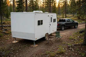 Truck camper sitting low off its truck at a forest campsite with jacks down on plywood pads